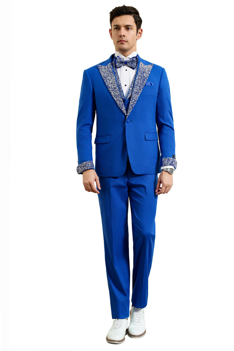 Men’s One Button Rhinestone Peak Lapel Vested Prom Tuxedo in royal Blue