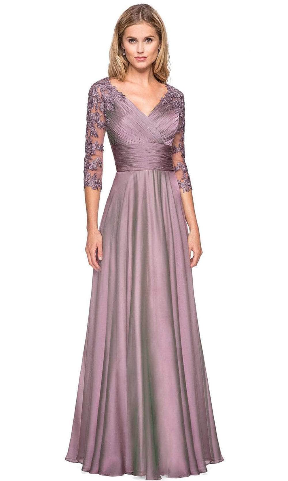 27153 Sheer Lace Quarter Sleeves Empire Waist Chiffon Gown