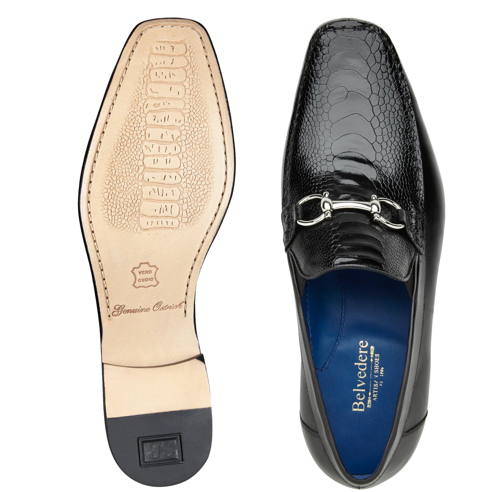 Men’s Belvedere Bruno Calfskin & Ostrich Leg Buckle Loafer in Black