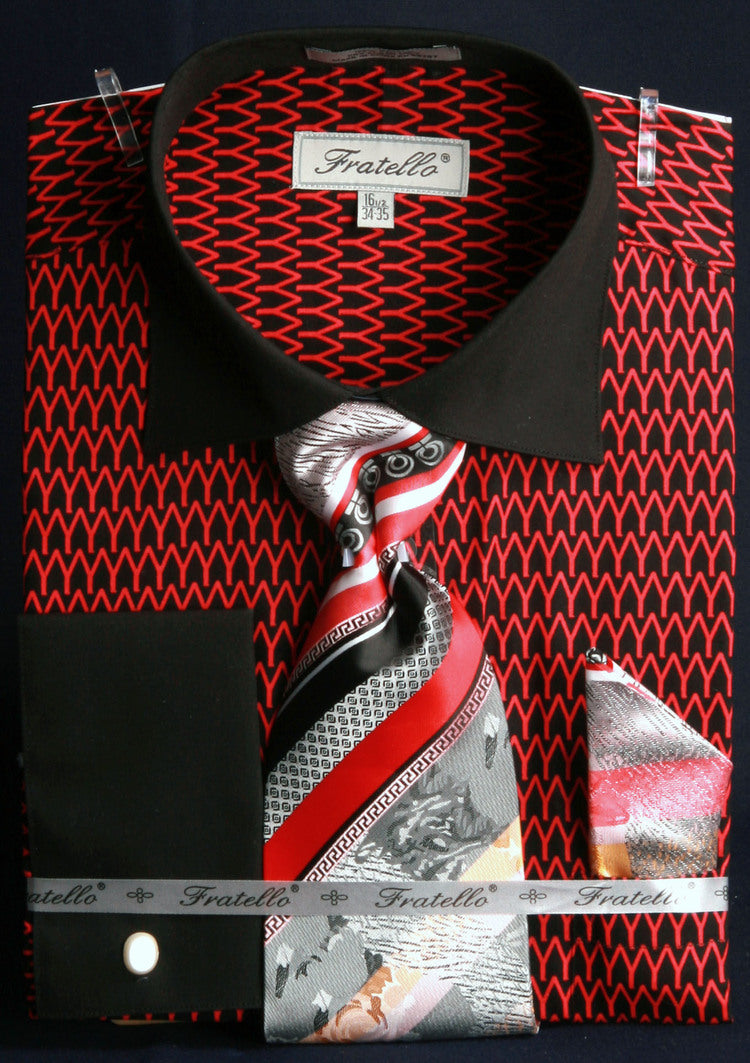 Men’s Spread Collar Arch Pattern French Cuff Shirt & Tie Combo in Black & Red