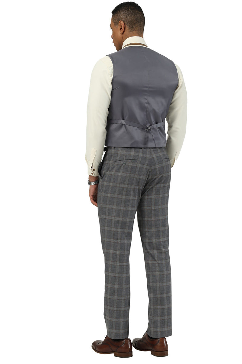 Men’s Designer Stacy Adams Vested Glen Plaid Suit in Charcoal & Brown