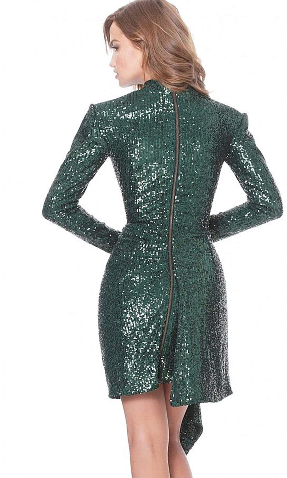 04270 Full Sequin Long Sleeve Drape Accent Cocktail Dress
