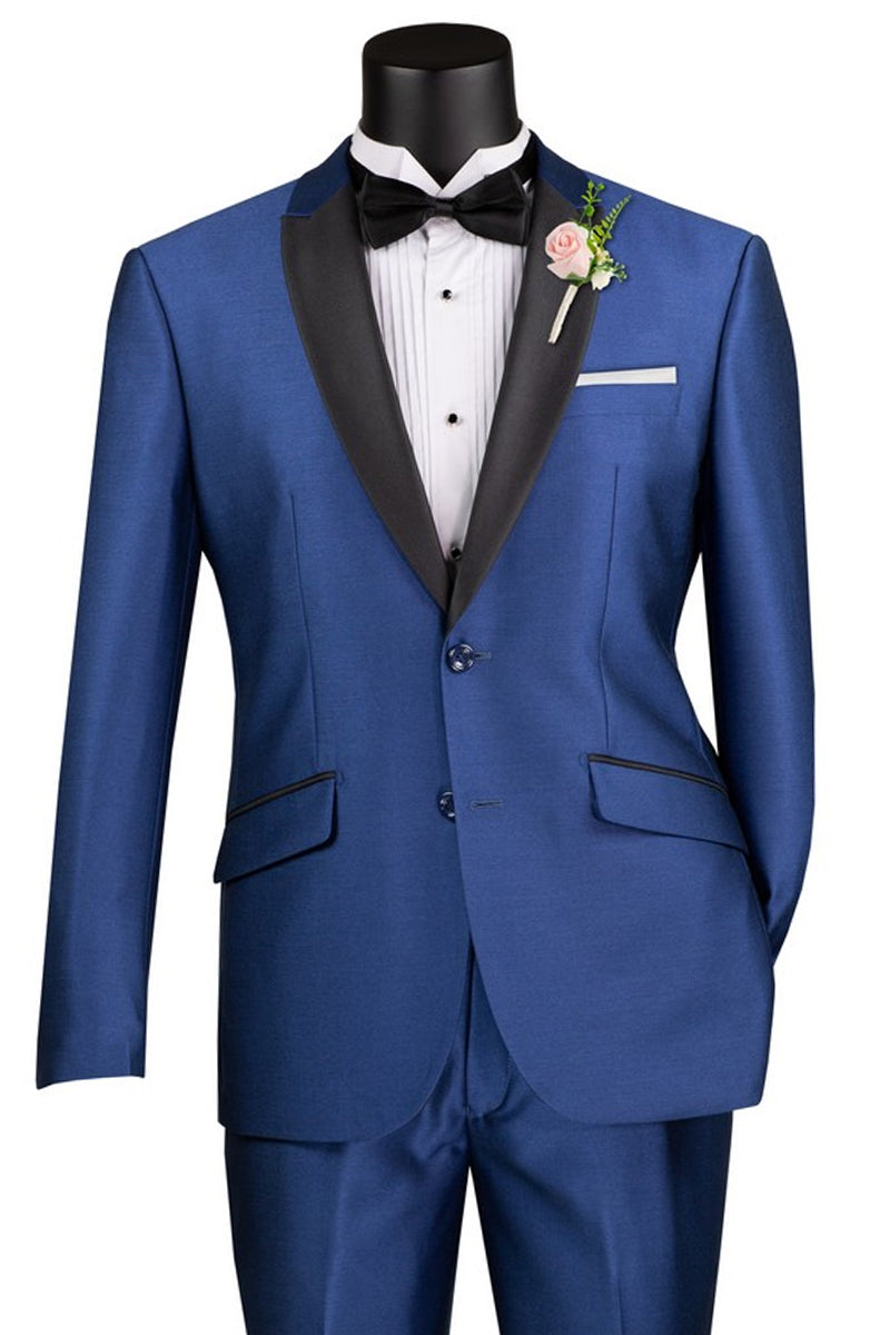 Men’s 2 Button Slim Fit Peak Shawl Tuxedo in Navy Blue
