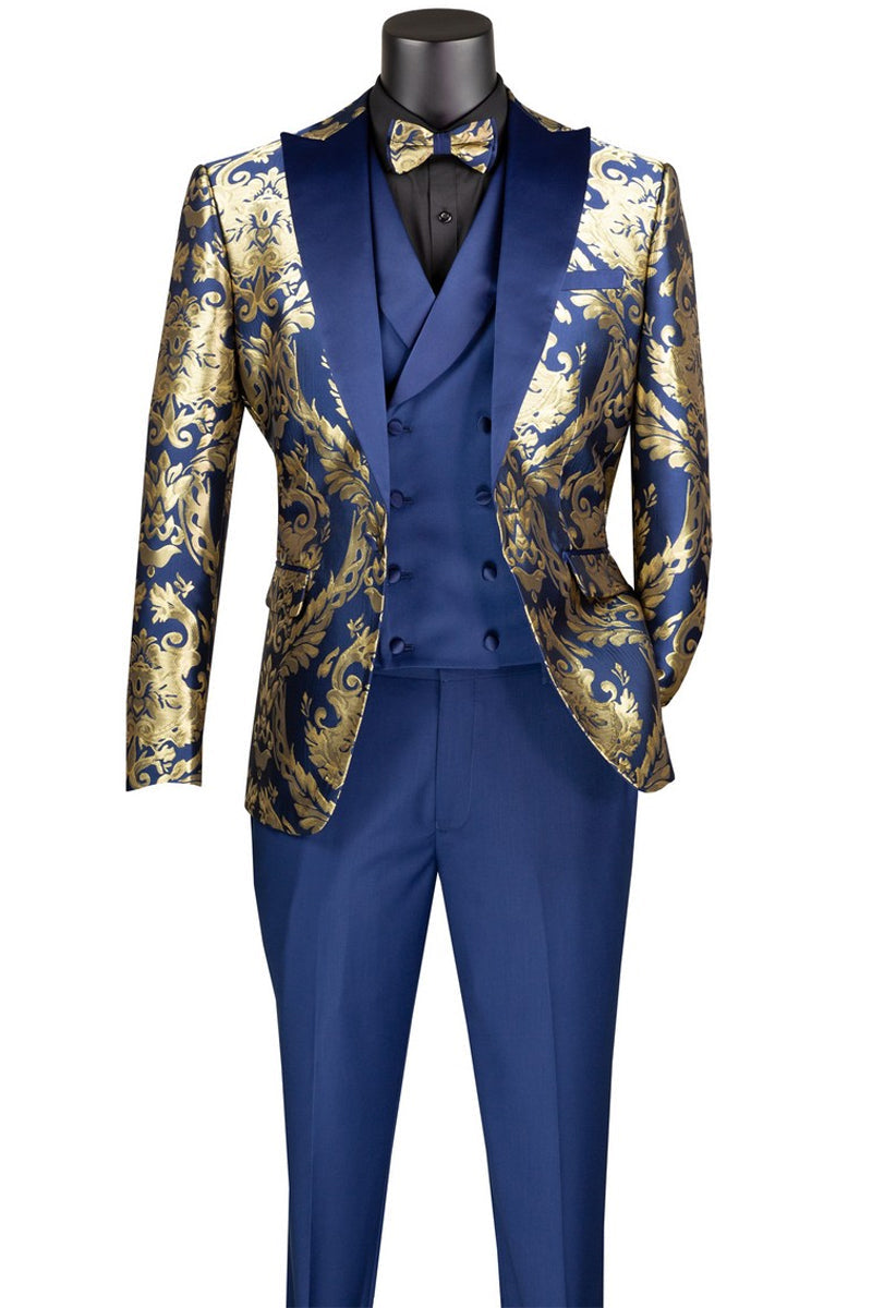 Men’s Shiny Paisley Jacquard Vested Wedding & Prom Tuxedo in Navy Blue & Gold