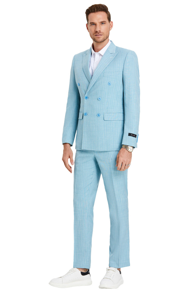 Men’s Slim Fit Double Breasted Summer Pastel Suit in Teal Blue Pinstripe