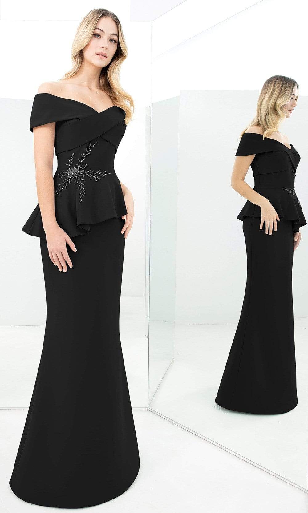 1350 Off-Shoulder Beaded Sheath Gown