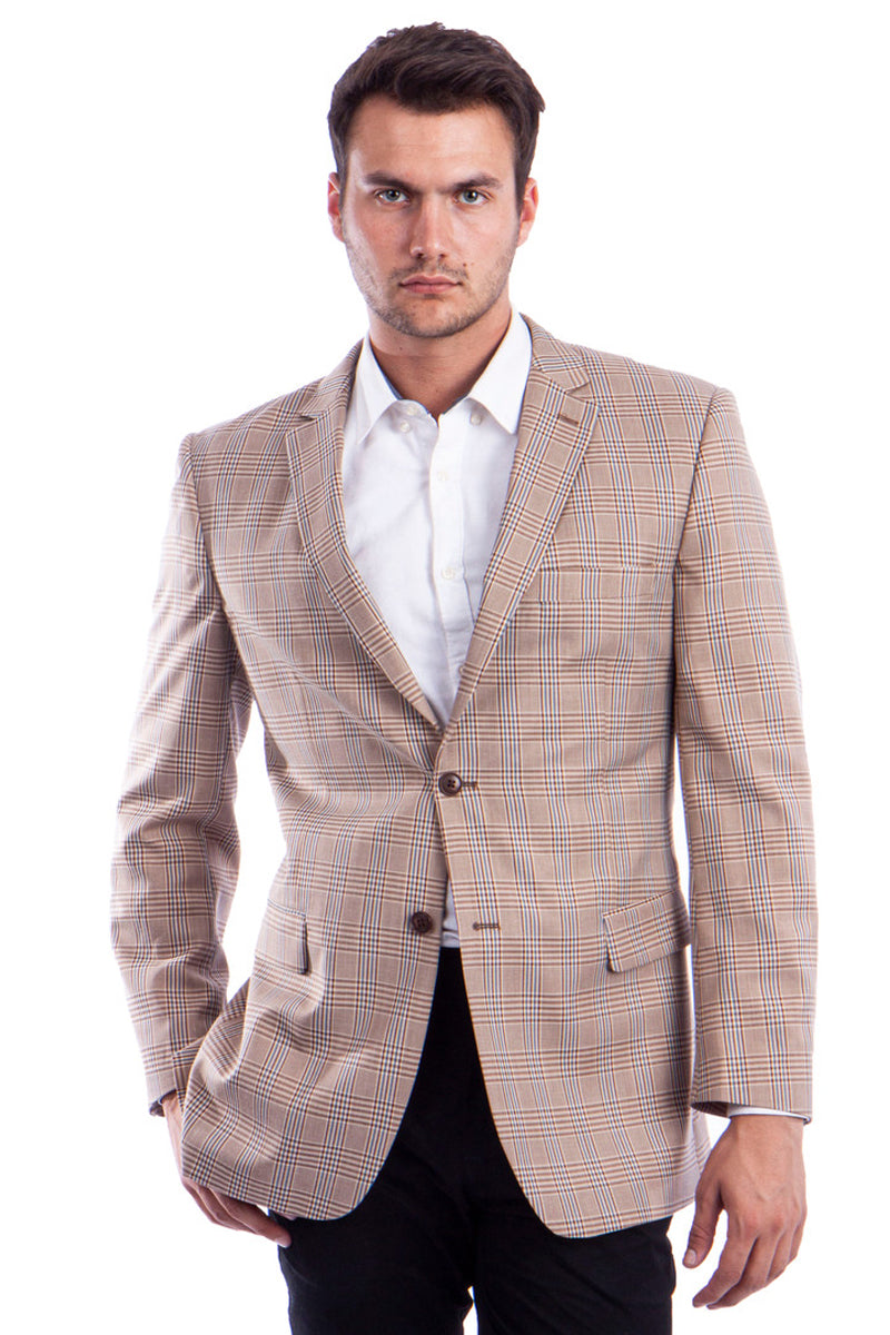 Men’s Two Button Regular Fit Sport Coat in Tan & Blue Windowpane Plaid