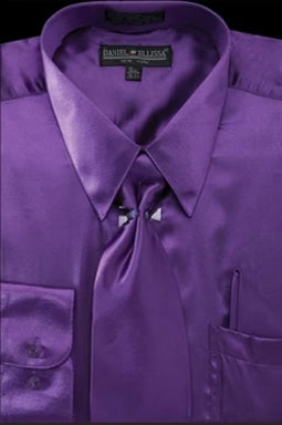 Men’s Regular Fit Shiny Satin Dress Shirt, Tie & Pocket Square Set in Purple