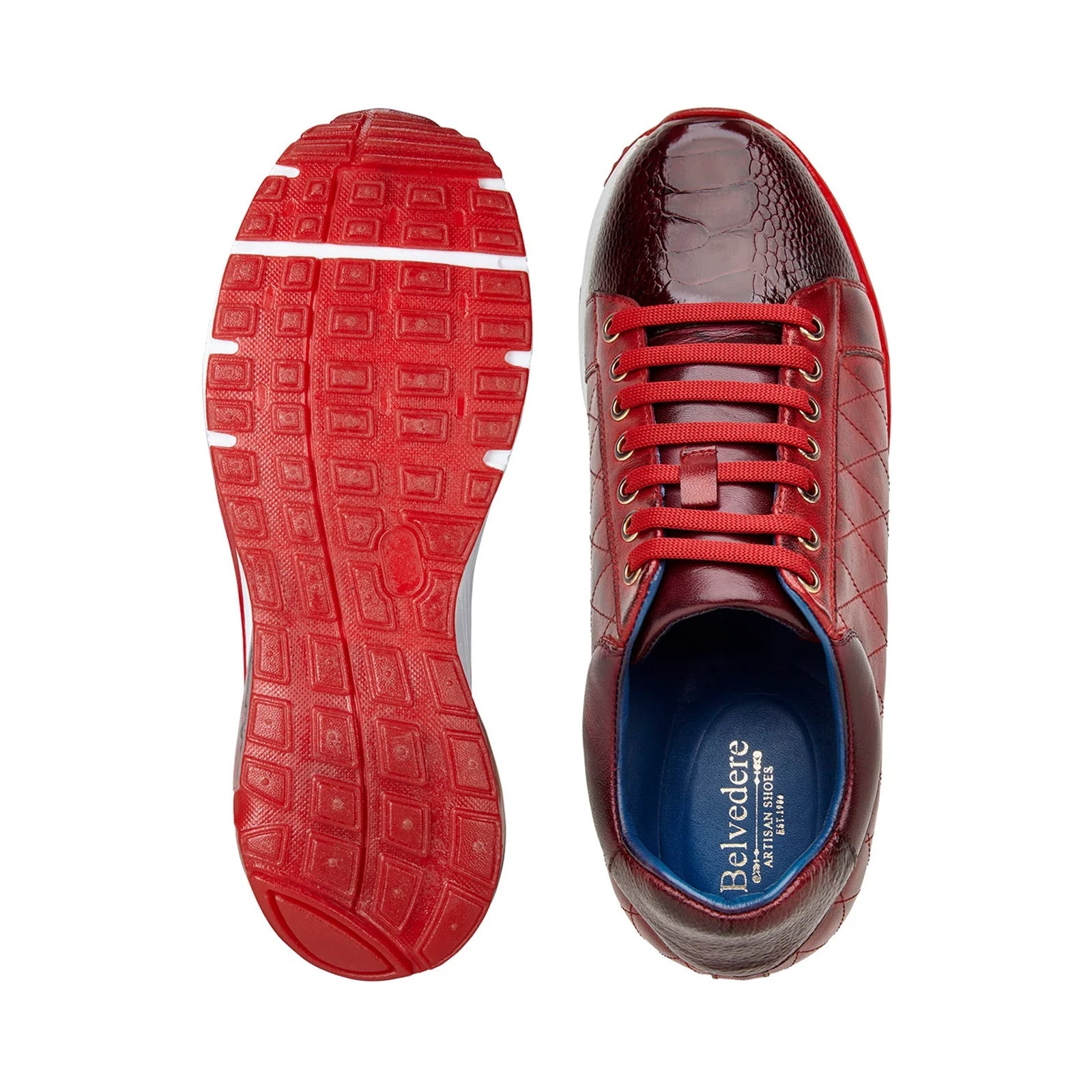 Men’s Belvedere Sacco Ostrich Leg & Quilted Calf Leather Dress Sneaker in Burgundy & Cherry