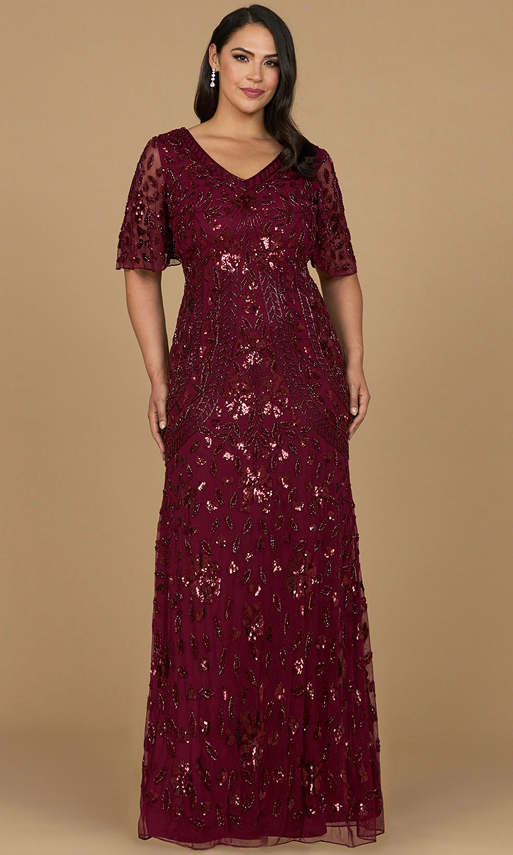 Short Sleeve Beaded Sequin Evening Dress