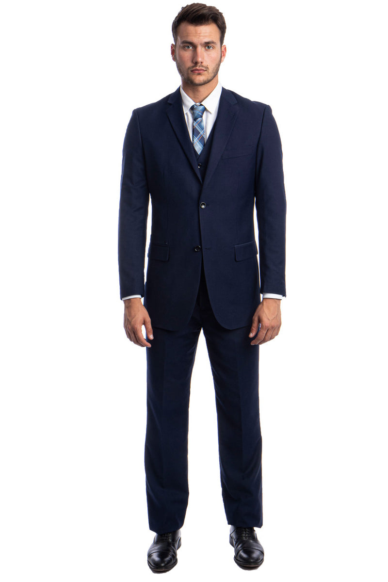 Men’s Vested Two Button Solid Color Wedding & Business Suit in Blue