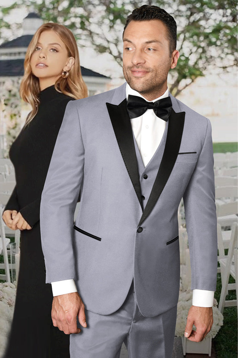 Men’s Vested One Button Peak Lapel Designer Wedding Tuxedo in Grey