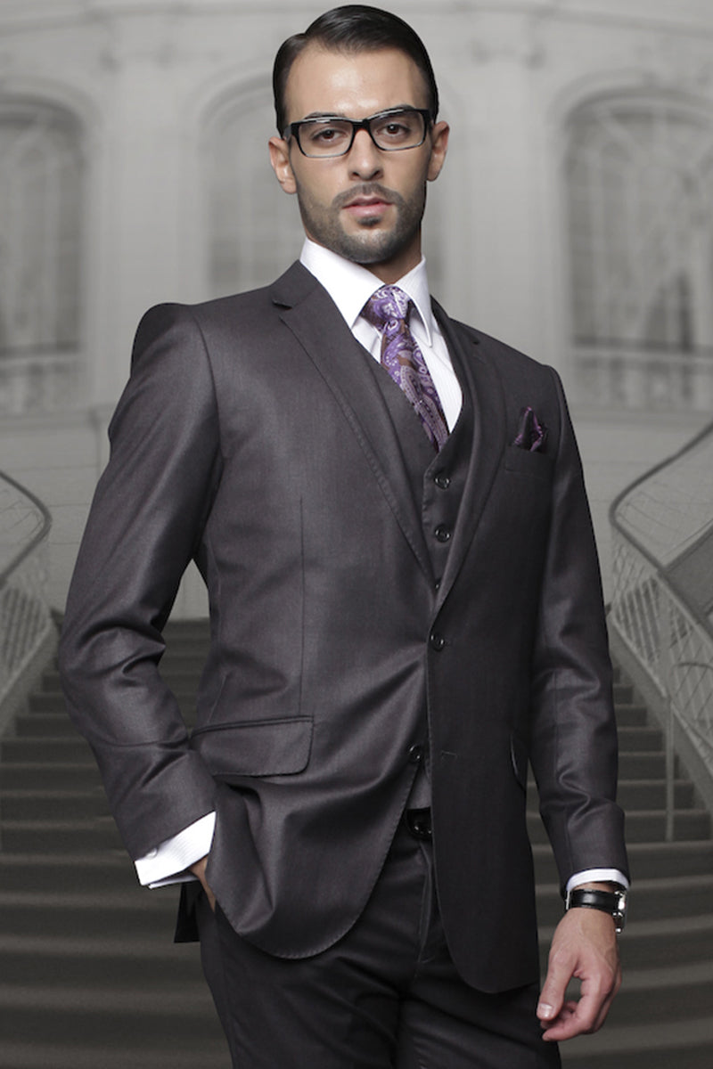 Men’s Designer Classic Fit Pleated Pant Vested Wool Suit in Charcoal