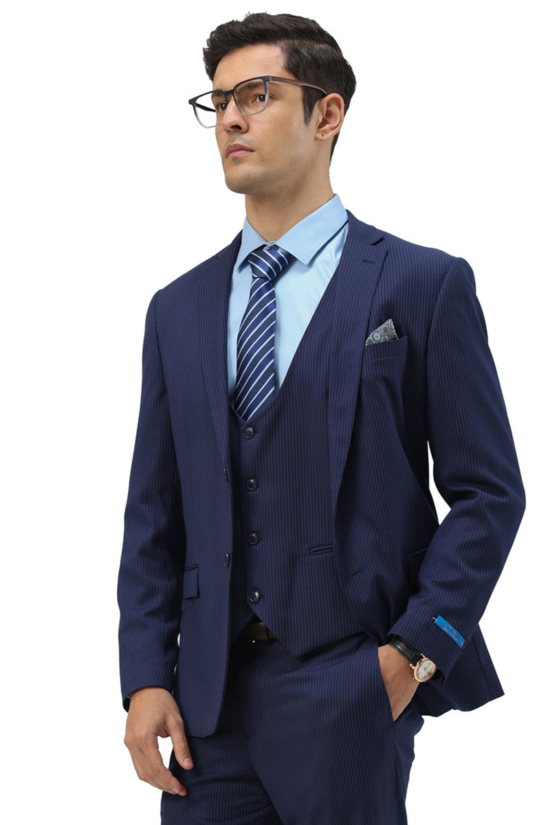 Men’s Two Button Modern Fit Vested Business Suit in Blue Pinstripe