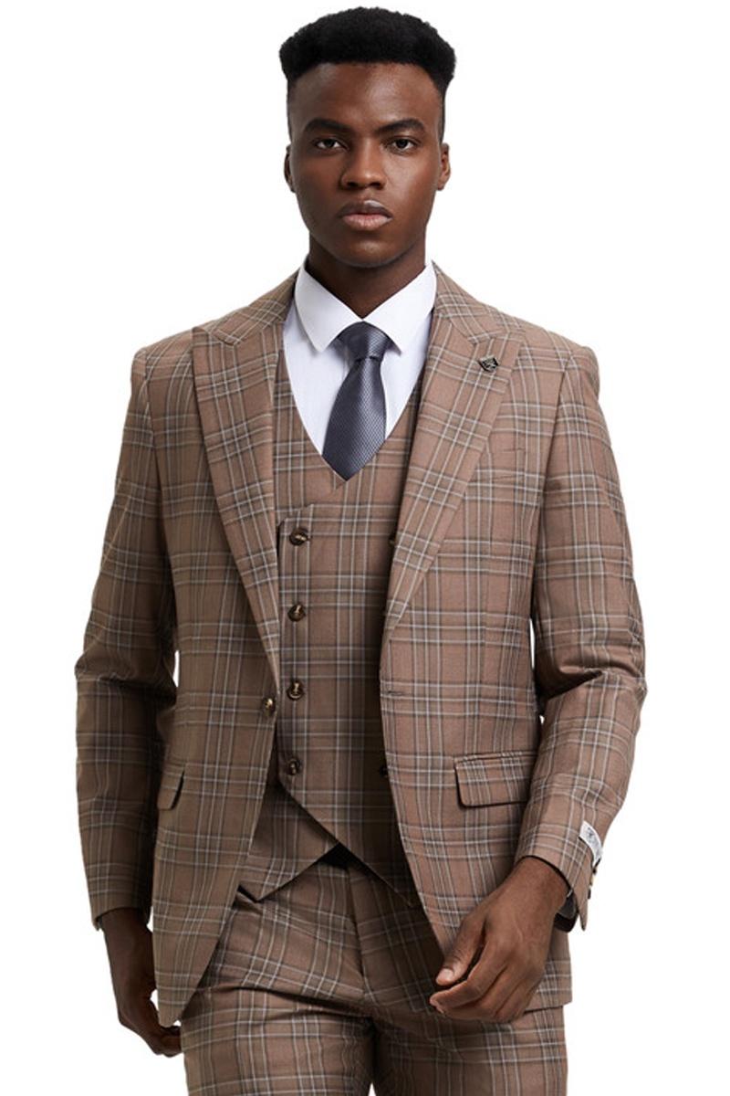 Men’s Stacy Adams One Button Peak Lapel Double Breasted Vest Suit in Light Brown Plaid