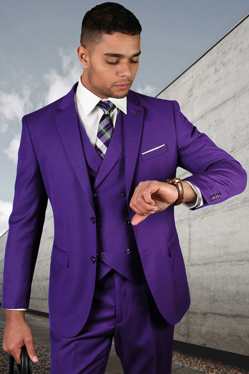 Men’s Designer Modern Fit Double Breasted Vest Wool Wedding Suit in Purple
