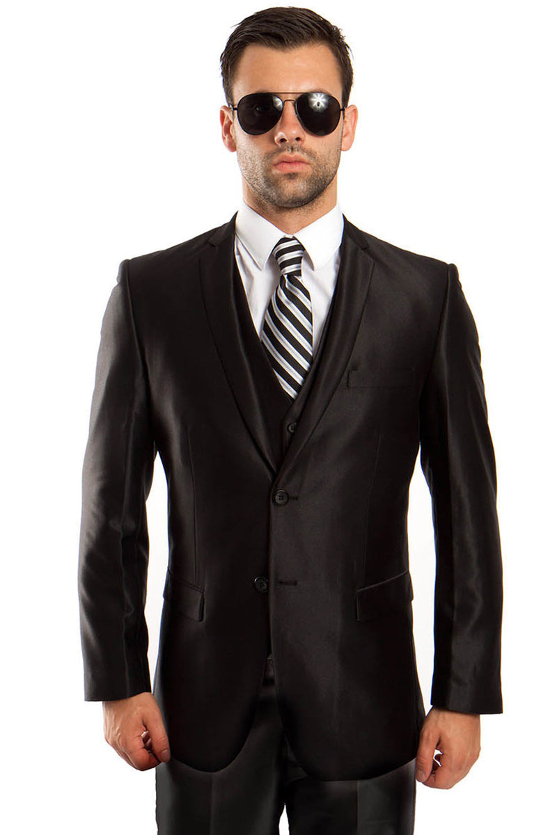 Men’s Two Button Vested Shiny Sharkskin Wedding & Prom Fashion Suit in Black
