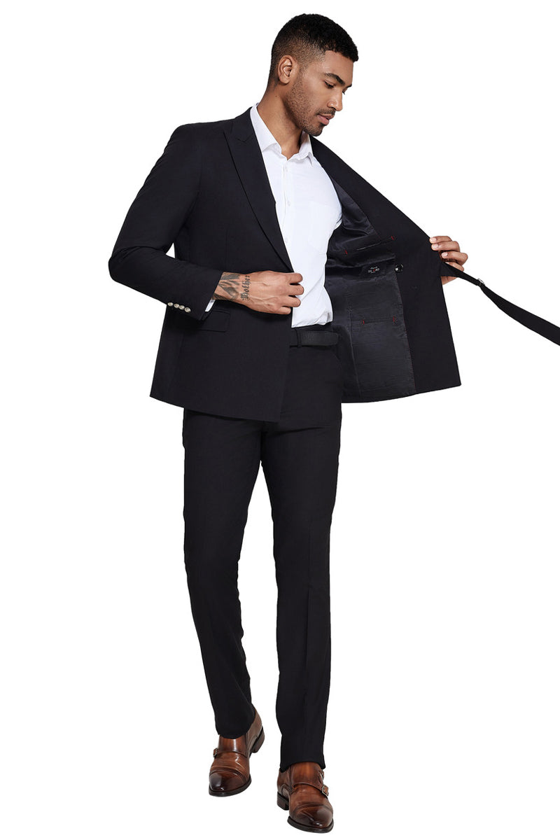 Men’s French Front Peak Lapel Strapped Slim Fit Suit in Black