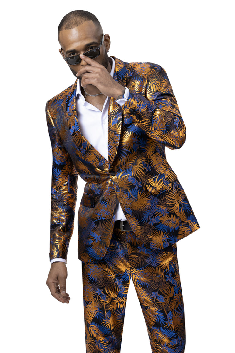 Mens One Button Shawl Lapel Tropical Print Foil Suit in Blue and Orange