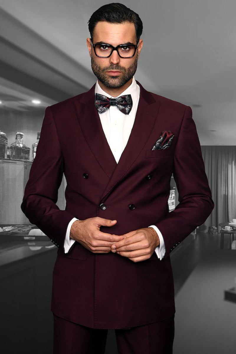 Men’s Designer Double Breasted Wool Suit in Burgundy
