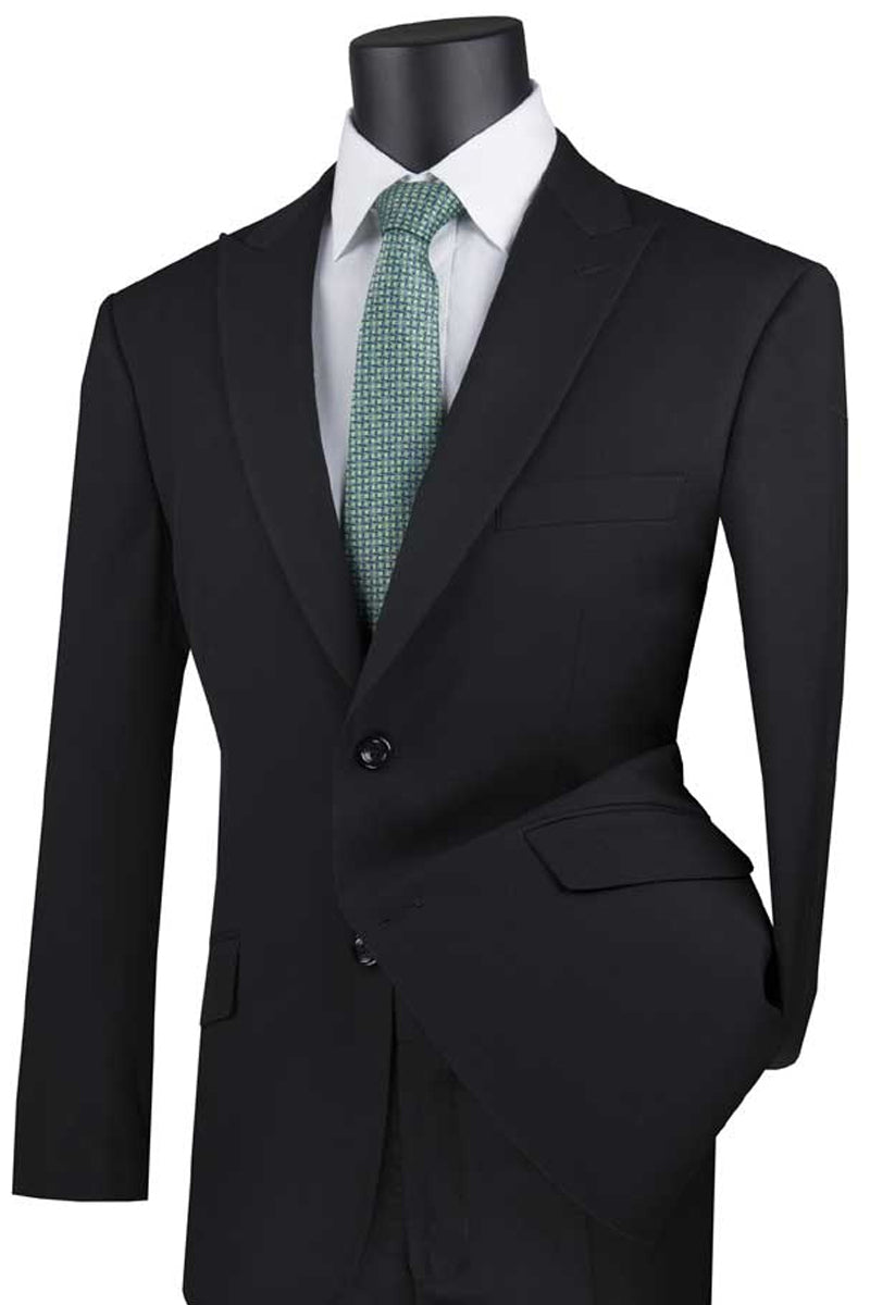 Men’s Two Button Modern Fit Wide Peak Lapel Wool Feel Suit in Black