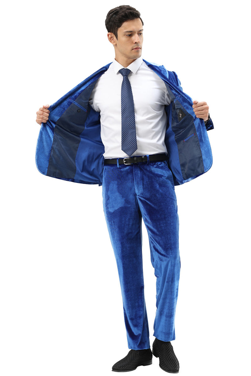 Men’s Slim Fit One Button Velvet Wedding & Prom Suit in Royal Blue
