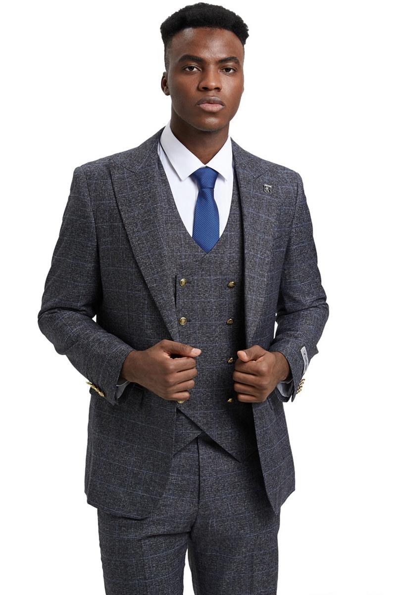 Men’s Stacy Adams Peak Lapel Suit with Double Breasted Vest in Charcoal Grey Windowpane Plaid