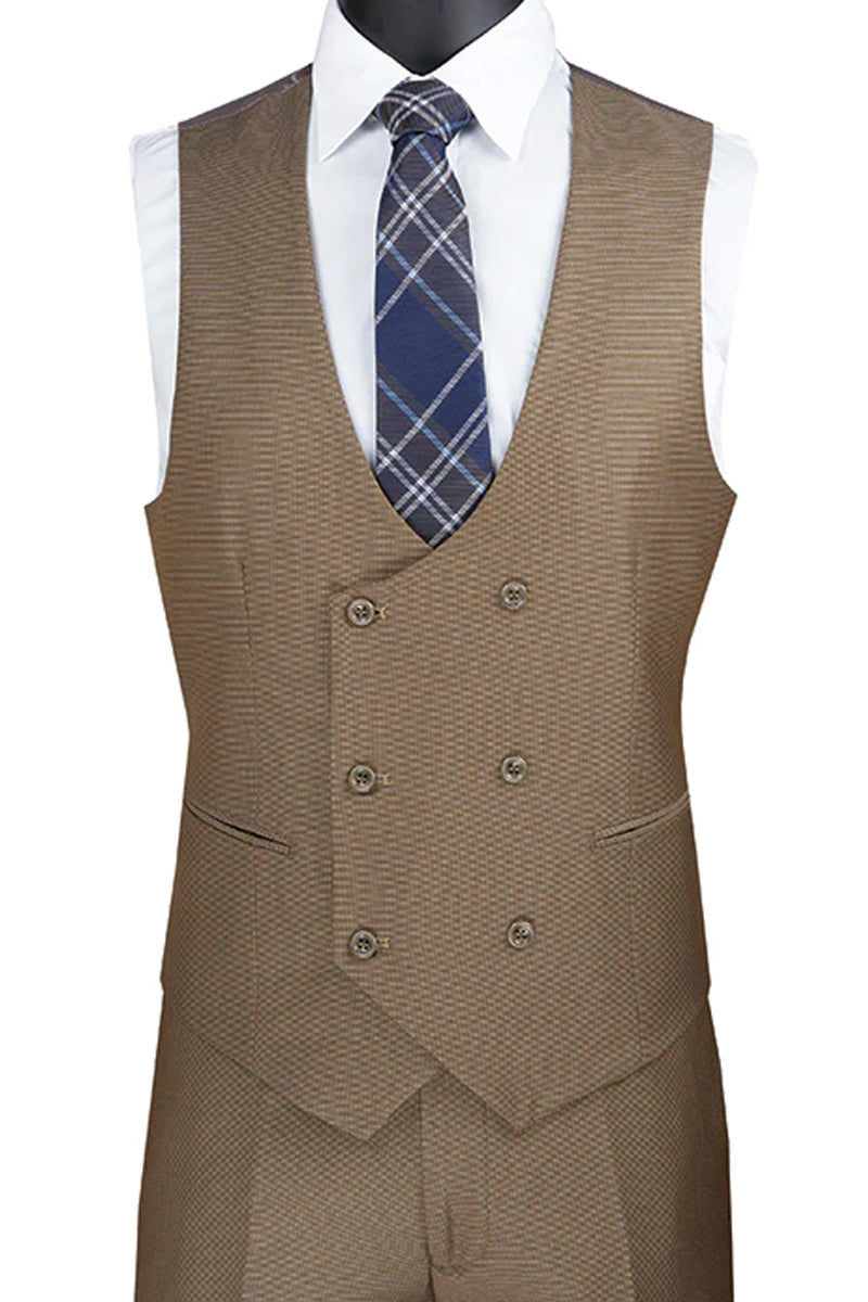 Men’s Modern Fit Tuxedo Suit with Double Breasted Vest and Satin Trim in Khaki