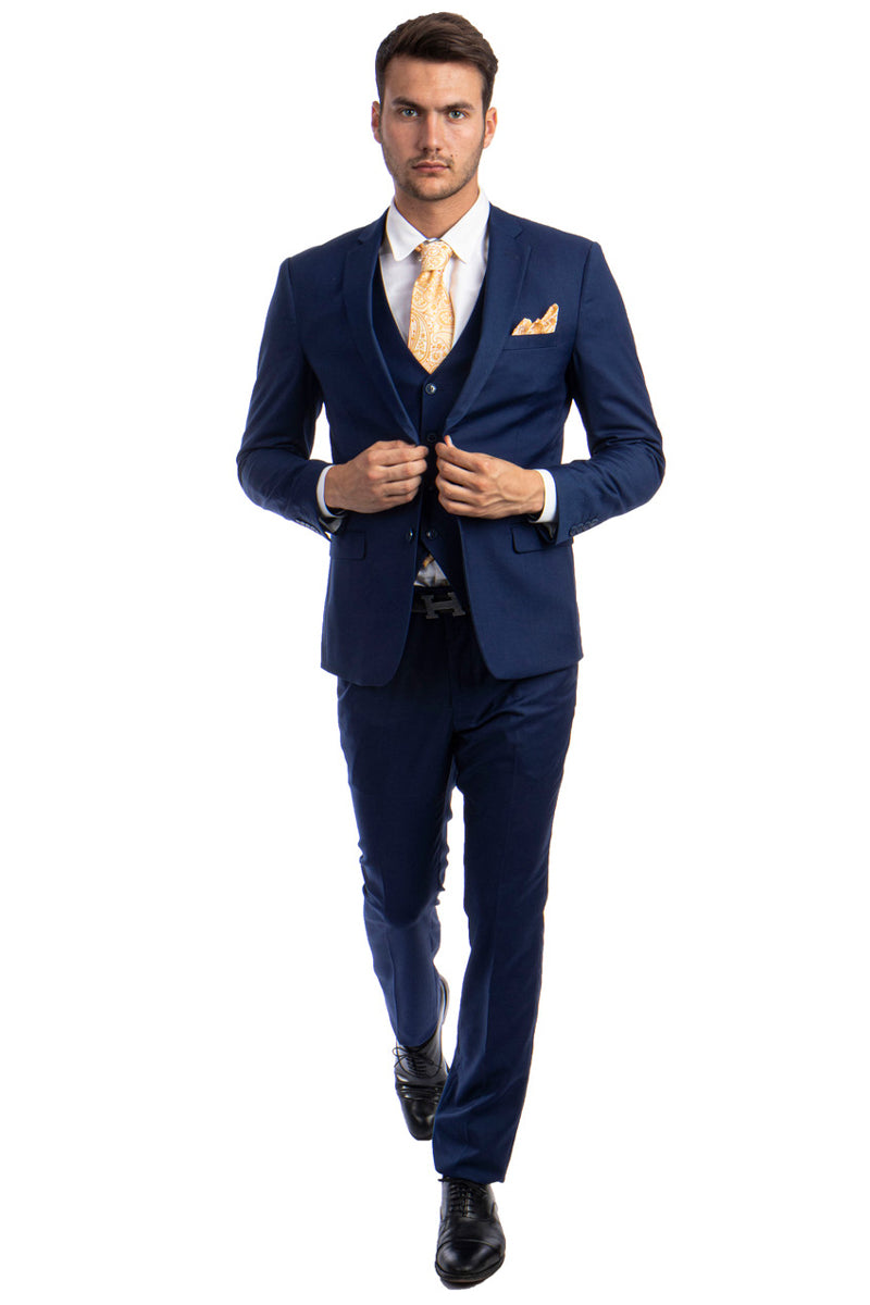 Men’s Two Button Slim Fit Vested Solid Basic Color Suit in Indigo Blue