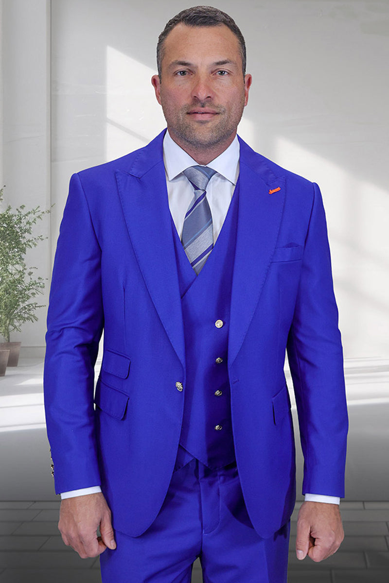 Men’s Designer Wool Vested One Button Peak Lapel Suit in Royal Blue with Gold Buttons