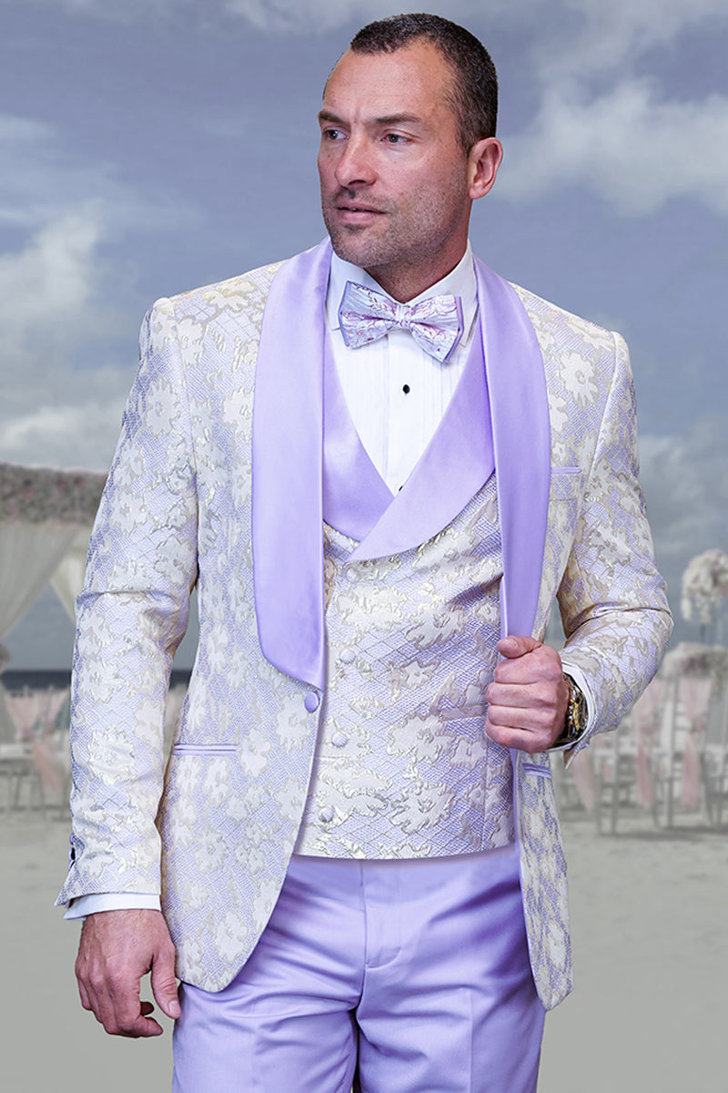 Men’s Designer Vested Wedding & Prom Tuxedo in Purple & Gold Floral Paisley