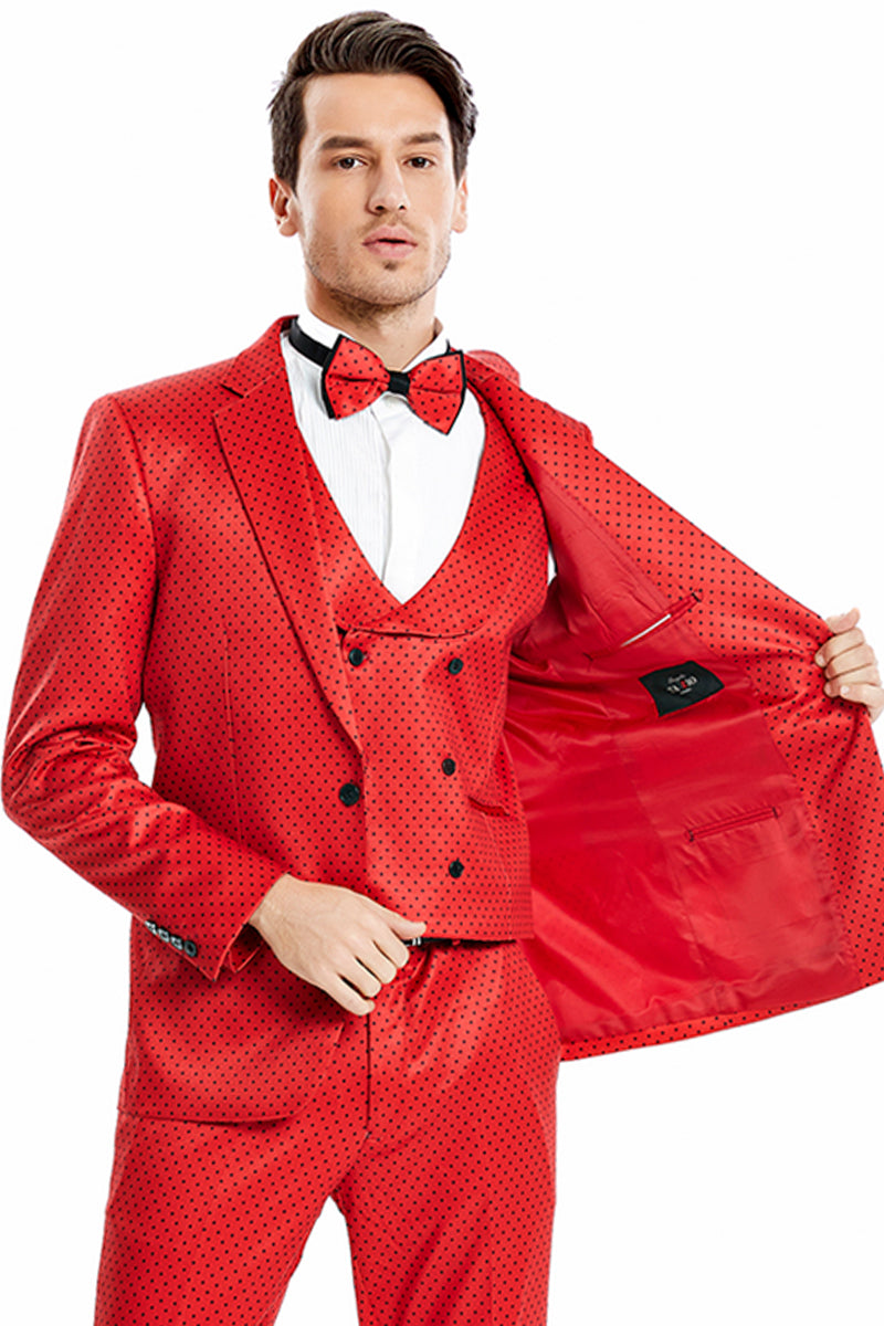 Men’s One Button Vested Mini Polka Dot Prom Suit in Red & Black