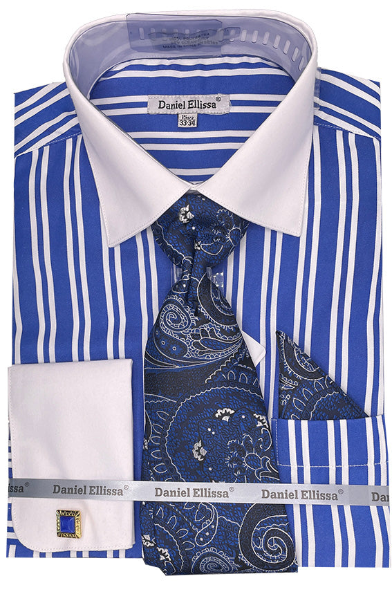 Men’s White Collar & French Cuff Double Stripe Dress Shirt in Royal Blue