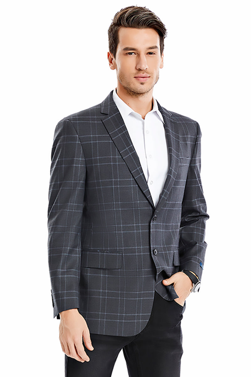 Men’s Two Button Regular Fit Double Windowpane Plaid Blazer in Charcoal Grey