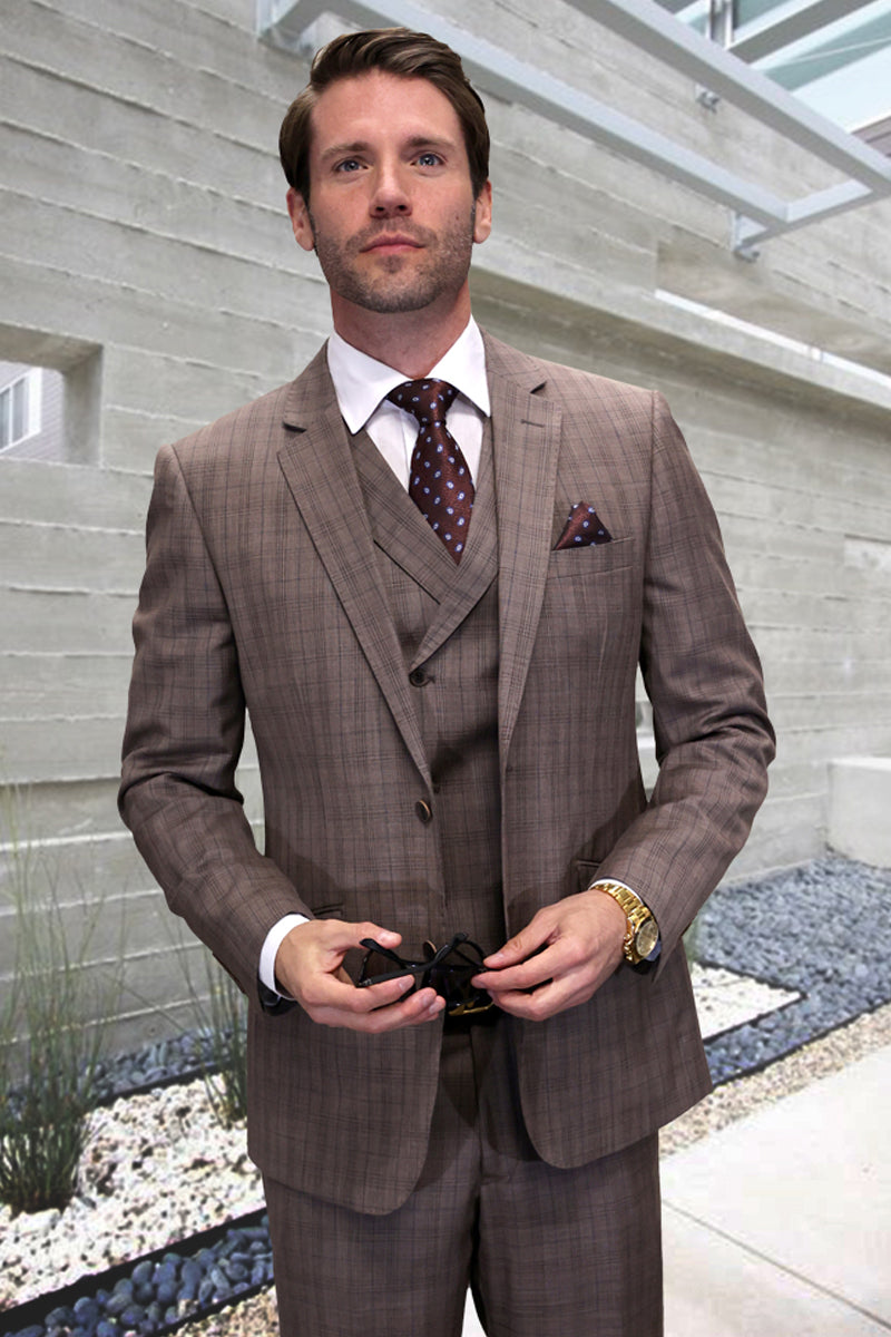 Men’s Designer Wool Vested Windowpane Plaid Suit in Taupe