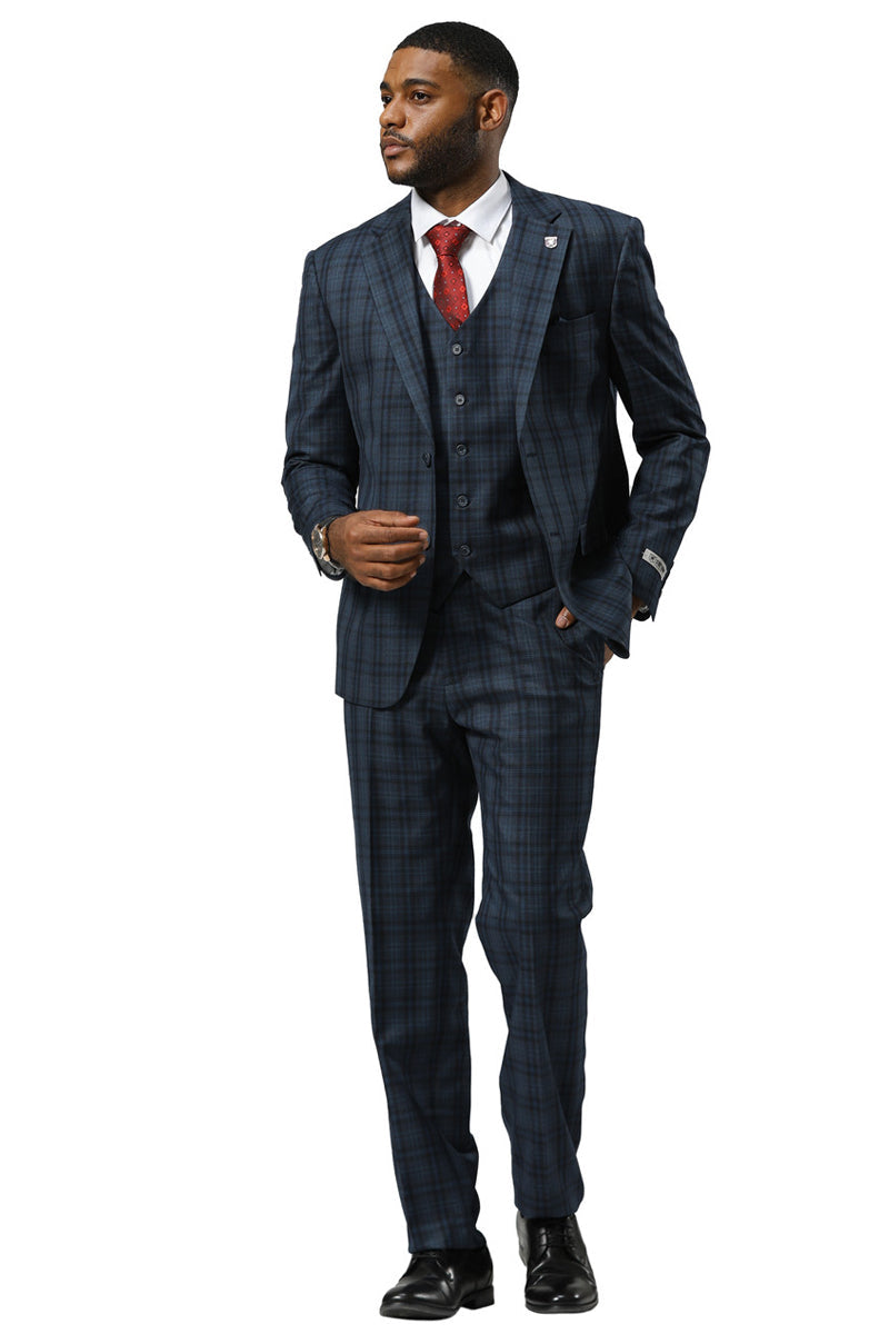 Men’s Stacy Adams Modern Fit Vested Suit in Navy Blue Double Windowpane Plaid