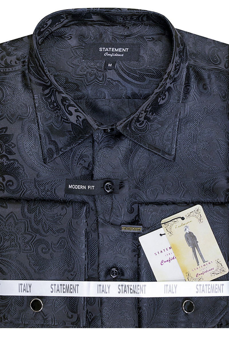 Men’s Fancy Long Sleeve Woven Paisley French Cuff Dress Shirt in Black