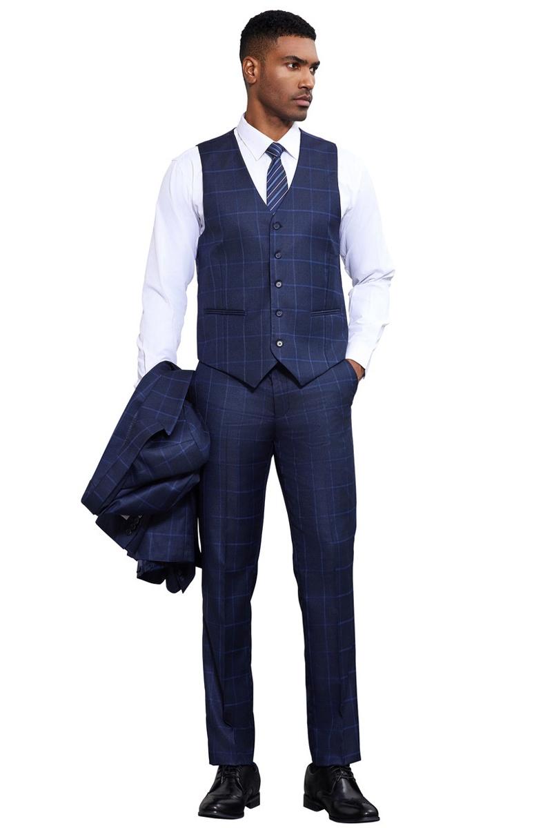 Men’s Stacy Adams Classic One Button Vested Windowpane Suit in Navy Blue