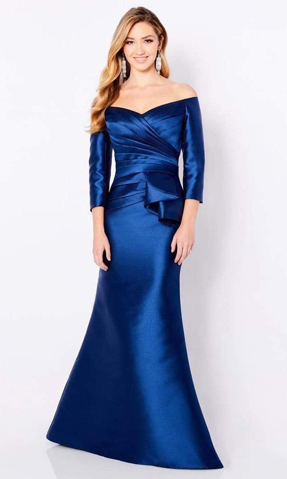 221686 Off-Shoulder Pleated Bodice Mikado Trumpet Gown
