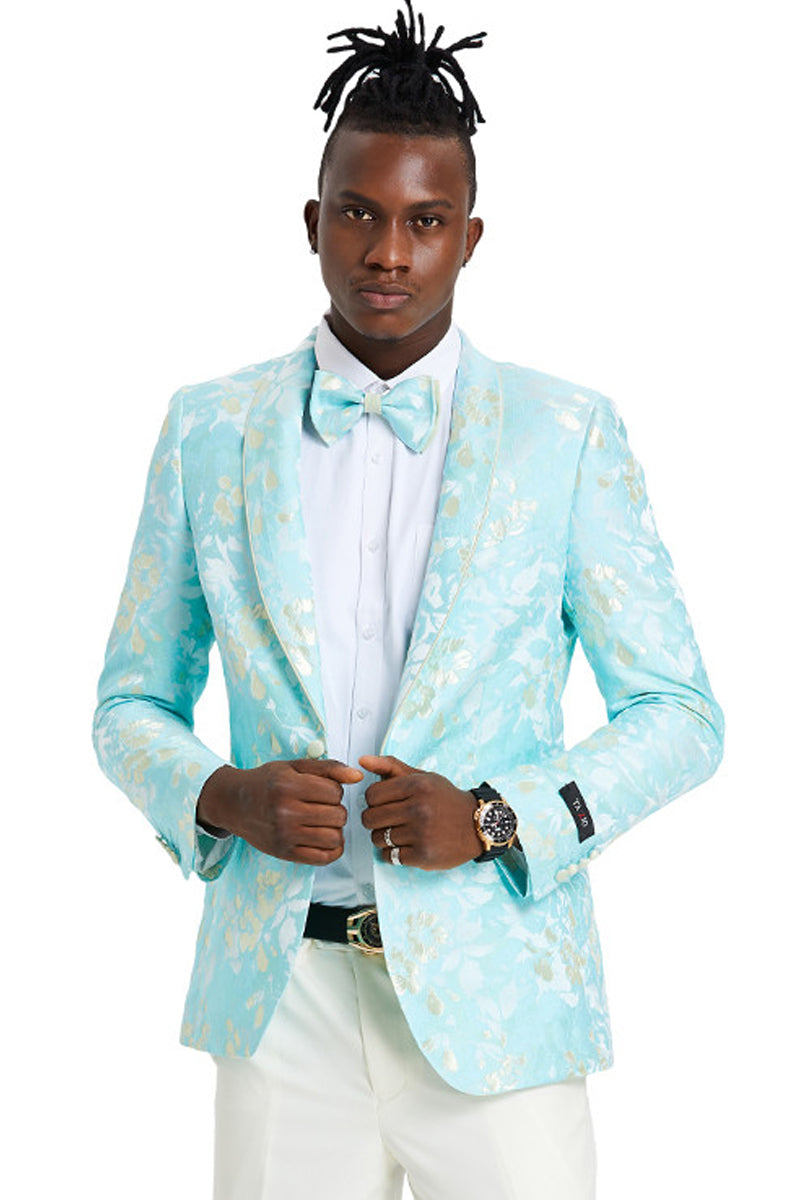 Men’s Slim Fit Paisley Foil Print Prom & Wedding Dinner Jacket Blazer in Mint Green & Gold
