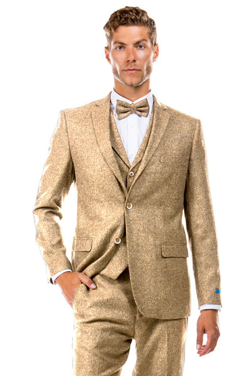 Men’s Two Button Vested Vintage Style Tweed Wedding Suit in Beige