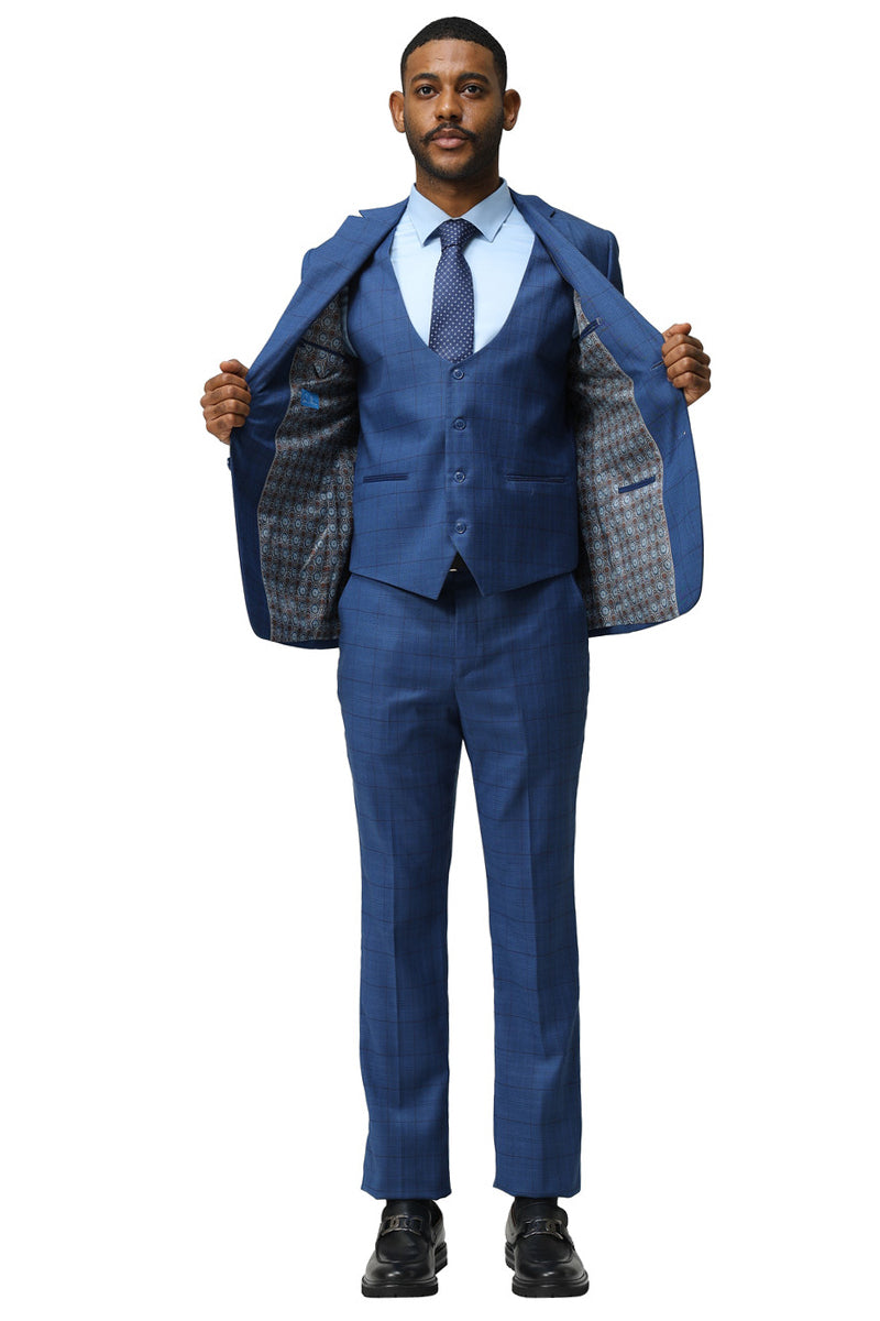 Men’s Modern Fit Two Button Suit with Scoop Vest in Dark Blue Windowpane Plaid