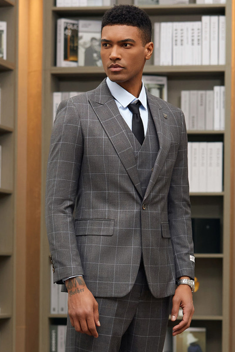 Men’s Stacy Adams One Button Peak Lapel Suit with Double Breasted Vest in Charcoal Windowpane