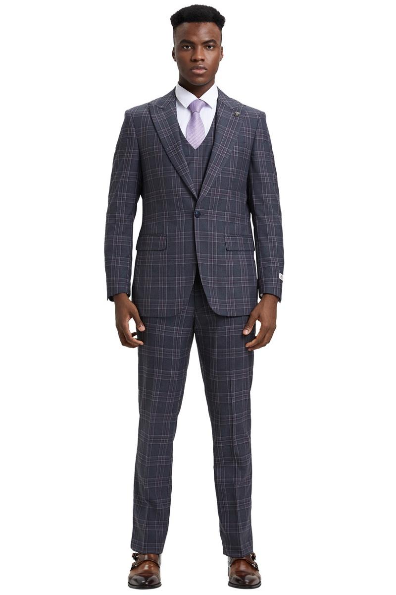 Men’s Stacy Adams One Button Peak Lapel Double Breasted Vest Suit in Charcoal Grey Plaid