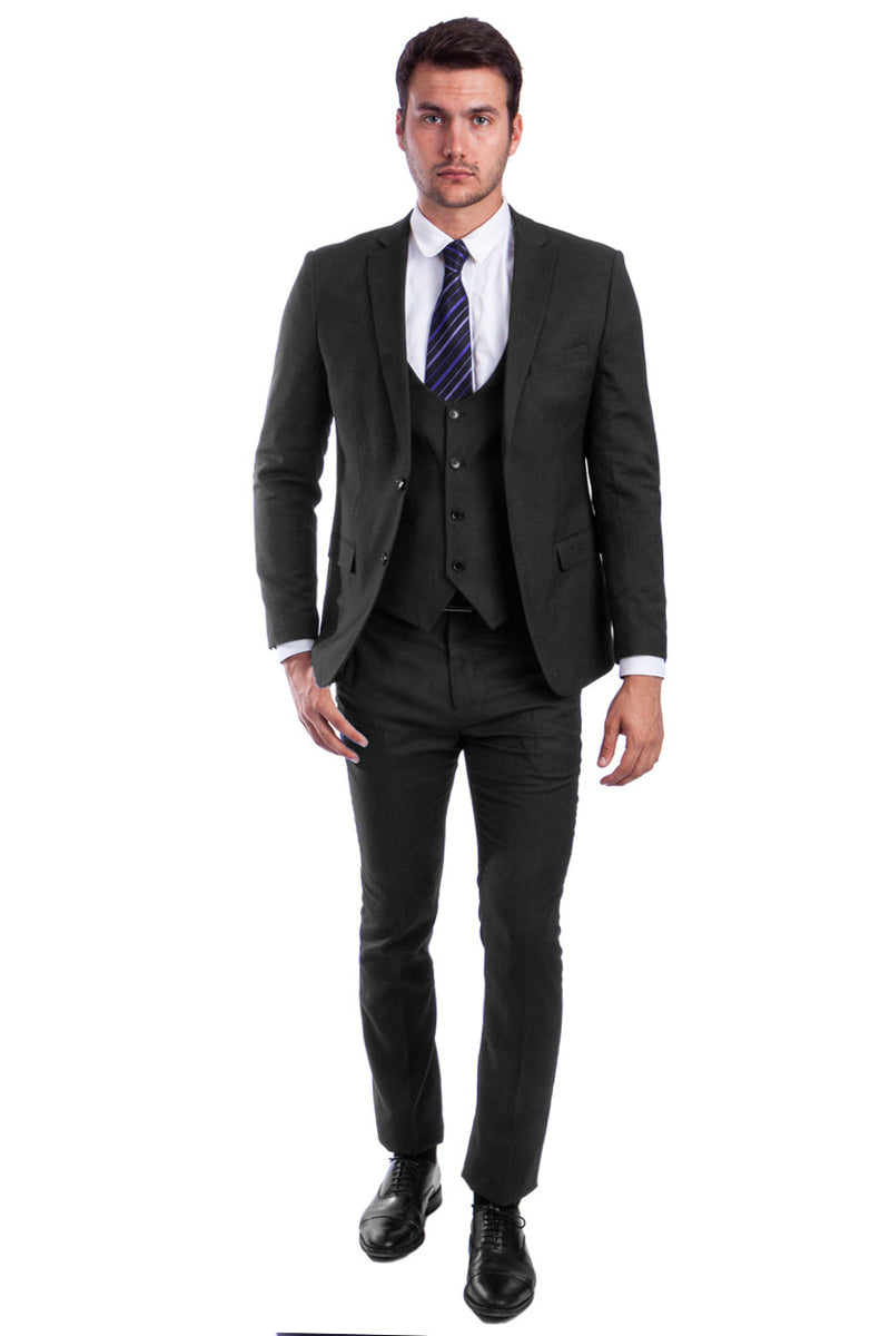 Men’s Two Button Skinny Fit Vested Suit in Black