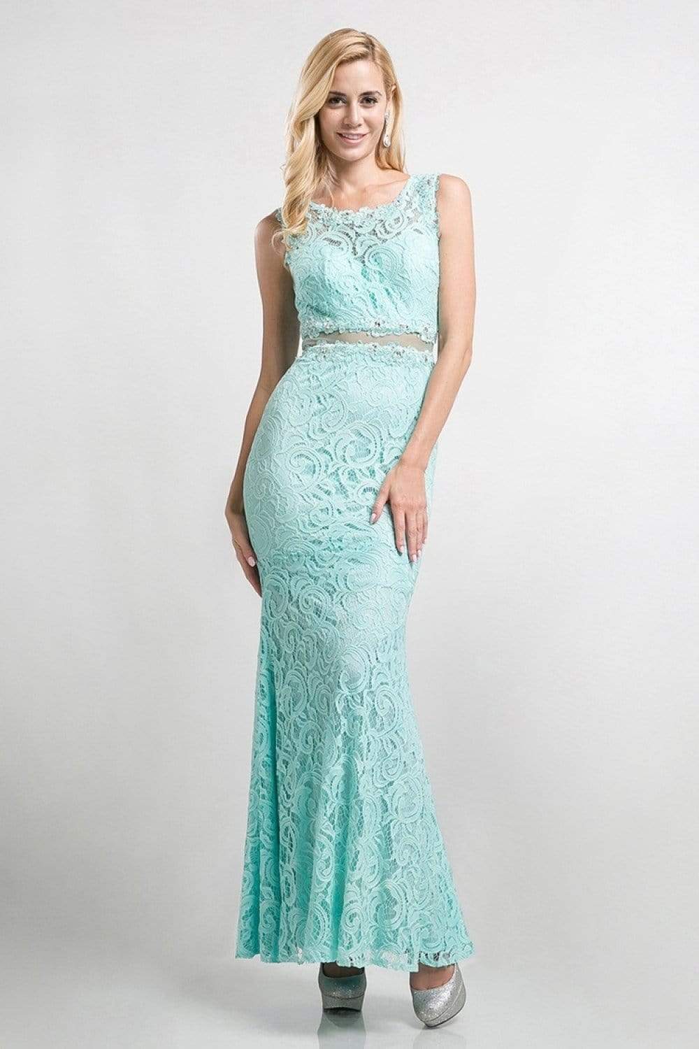 CF067L Floral Lace Mock Two-Piece Sheath Long Formal Dress