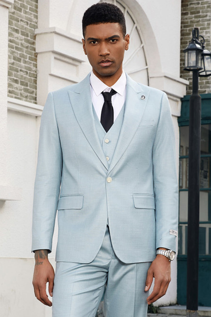 Men’s Stacy Adam’s Vested Summer Peak Lapel Suit in Sky Blue