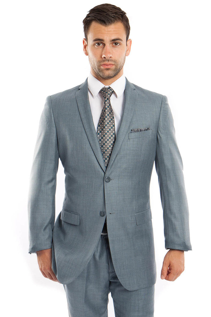 Men’s Slim Fit Textured Shiny Sharkskin Suit in Smoke Blue