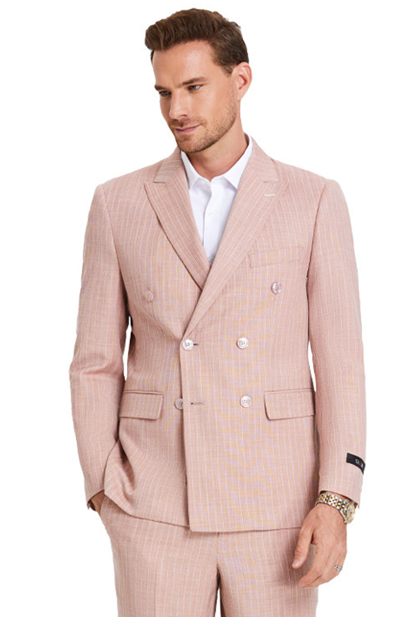Men’s Slim Fit Double Breasted Summer Pastel Suit in Rose Pink Pinstripe