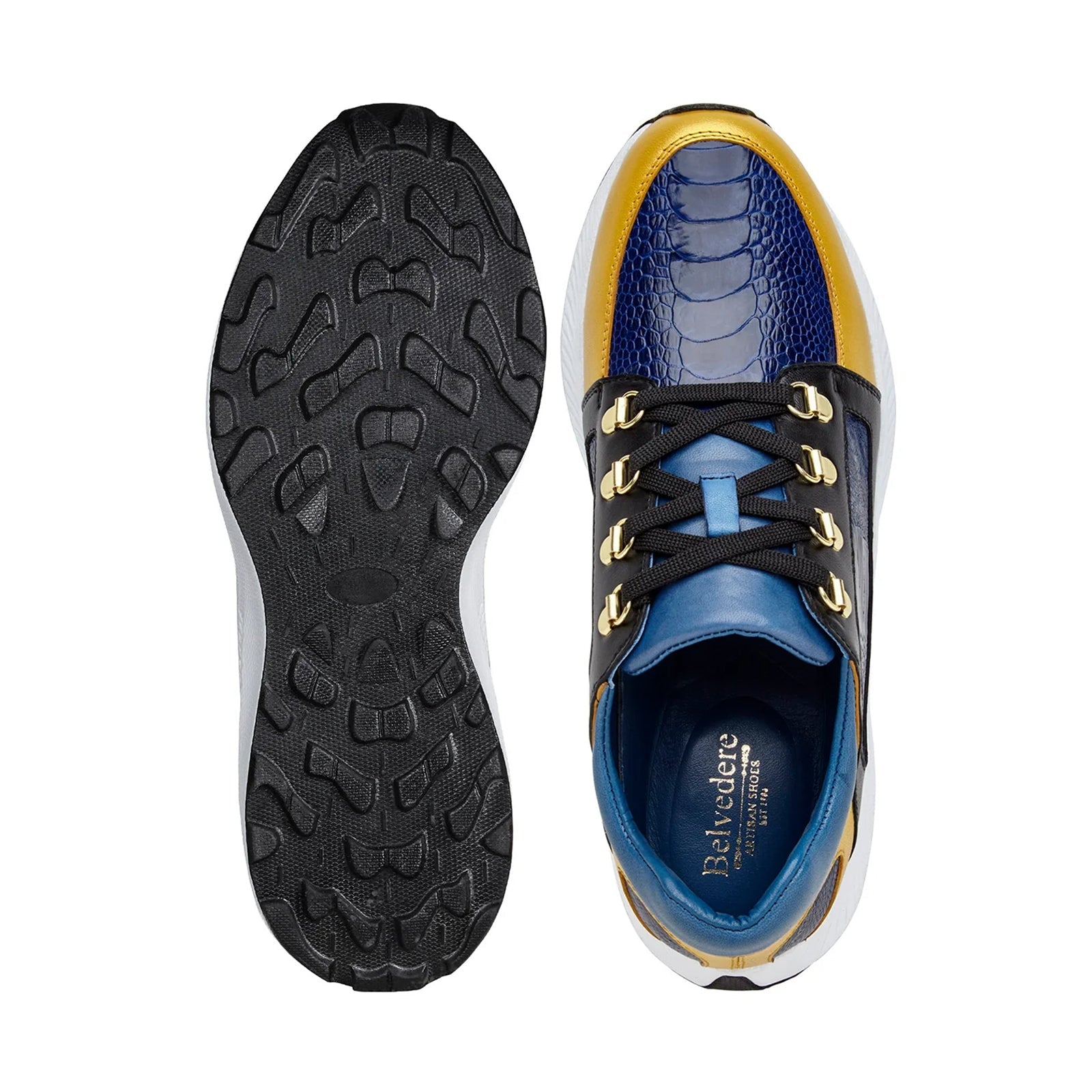 Men’s Belvedere Adam Ostrich & Italian Calfskin Sneaker in Gold, Blue & Black